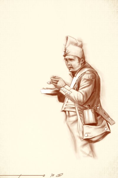 Første imperium: let infanterisoldat under måltid under et felttog af Napoleon I (sandsynligvis i Rusland) Begyndelsen af det 19. århundrede. Illustration af Alesandro Lonati. 2010 af Alessandro Lonati