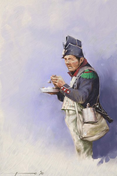 Første imperium: let infanterisoldat under måltid under et felttog af Napoleon I (sandsynligvis i Rusland) Begyndelsen af det 19. århundrede. Illustration af Alessandro Lonati. 2010 af Alessandro Lonati