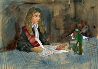 Den franske forfatter Jean de la Fontaine ser på sine karakterer af sine fabler Illustration af Alessandro Lonati af Alessandro Lonati