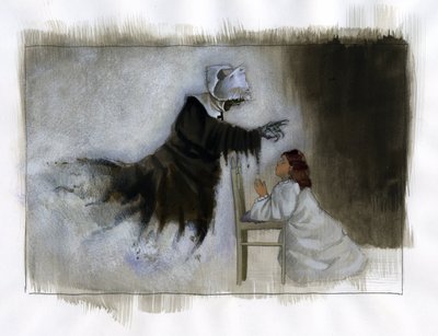 Spøgelse af en ældre nonne med skæve hænder viser sig for en lille pige, der beder Illustration af Alessandro Lonati af Alessandro Lonati