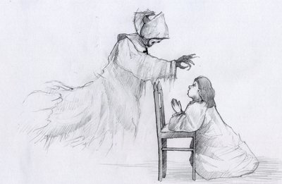 Spøgelse af en ældre nonne med skæve hænder viser sig for en lille pige, der beder Illustration af Alessandro Lonati af Alessandro Lonati