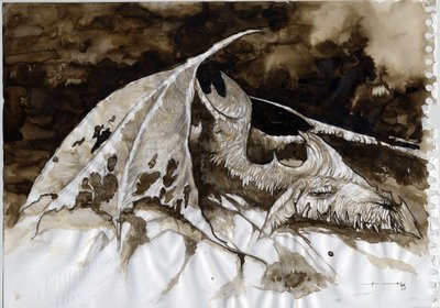 Illustration af et fantastisk og legendarisk dyr: dødt dragekrop. Farvetegning af Alessandro Lonati. af Alessandro Lonati