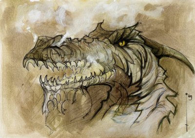 Illustration af et fantastisk og legendarisk dyr: Dragehoved, der afviser røg gennem næsepartiet. Farvetegning af Alessandro Lonati. af Alessandro Lonati