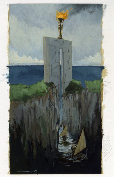 Illustration af myten om øen forsvandt under Atlantishavet (Atlantis): porten til den græske by på den legendariske ø før dens forsvinden. Bådene passerer mellem to klipper. Farvetegning af Alessandro Lonati. af Alessandro Lonati
