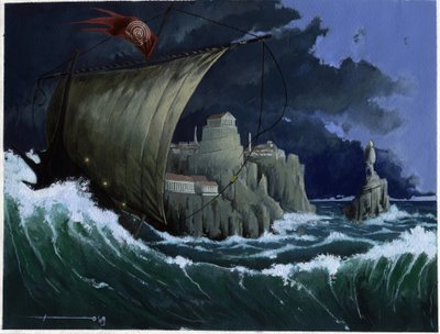 Illustration af myten om øen forsvundet under Atlantishavet: udsigt over den græske by på den legendariske ø før dens forsvinden. Farvetegning af Alessandro Lonati. af Alessandro Lonati