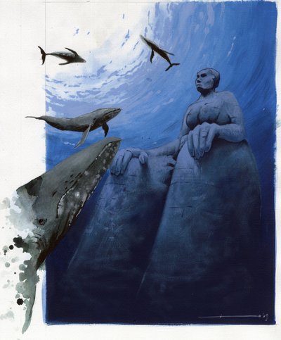 Illustration af myten om øen forsvandt under Atlantishavet: hvaler i havets dyb omkring ruinerne af den legendariske ø. Farvetegning af Alessandro Lonati. af Alessandro Lonati