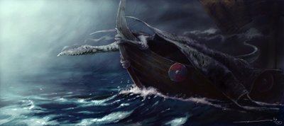 Legendary Creature: Dragon Attacking a Drakkar (Viking Boat) Tegning af Alessandro Lonati af Alessandro Lonati