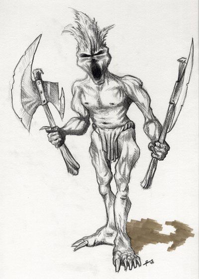 Legendarisk monster til Fantasy Illustration: troldekriger med økser. Tegning af Alessandro Lonati af Alessandro Lonati