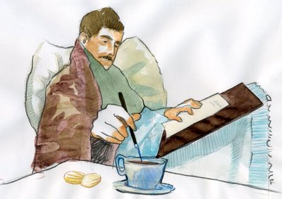 Marcel Proust som en syg mand, der skriver med sin tante Elisabeths te (blæk på papir) af Alessandro Lonati