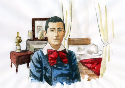 Marcel Proust ung på værelset hos sin tante Elisabeth (blæk på papir) af Alessandro Lonati