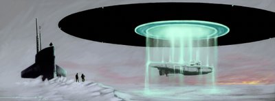 Møde på Nordpolen mellem en u-støvle-ubåd og en flyvende tallerken (UFO, UFO eller rumvæsen) til tilbagelevering af en ubåd taget af rumvæsner under krigen. Tegning af Alessandro Lonati af Alessandro Lonati