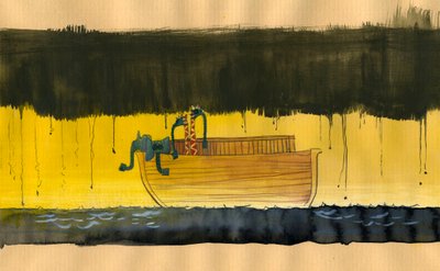 Forurening og miljø: Noes Ark på et mørkt og forurenet hav med to par dyr udstyret med iltmasker på grund af luftforurening (Forurening og af Alessandro Lonati