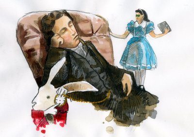 Portræt af Lewis Carroll romanforfatter, essayist, fotograf omgiver hans karakterer (Portræt af Lewis Carroll (1832-1898)) af Alessandro Lonati