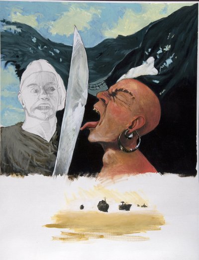 Portræt af en pirat (privatmand), der udfordrer sin modstanders sværd ved at røre ham med tungen med det glade Roger-flag i bunden. Nedenfor studietegning til spøgelsesbåd (spøgelsesskib). Farvetegning af Alessandro Lonati. af Alessandro Lonati