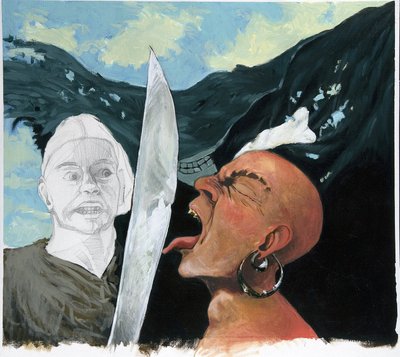 Portræt af en pirat (privatmand), der trodser sin modstanders sværd ved at røre ved ham med tungen. I bunden af den jolly roger (kraniet). Farvetegning af Alessandro Lonati. af Alessandro Lonati