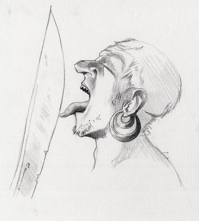 Portræt af en pirat (privatmand), der trodser sværdet ved at røre det med tungen. Tegning af Alessandro Lonati. af Alessandro Lonati