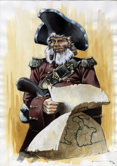 Portræt af en pirat (privatmand) eller sømand iført en tricorn med et kort over skattemesteren i hænderne. Farvetegning af Alessandro Lonati. af Alessandro Lonati