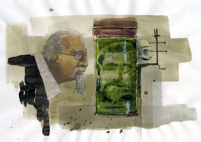 Portræt af italiensk kriminolog, der ser på sit eget hoved bevaret i formalin Illustration af Alessandro Lonati af Alessandro Lonati