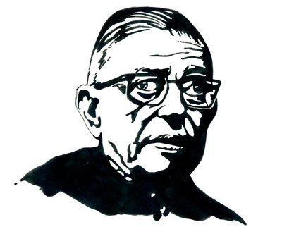 Portræt af den franske forfatter, filosof og dramatiker Jean-Paul (Jean Paul) Sartre Tegning af Alessandro Lonati