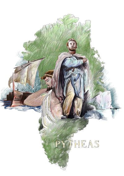 Repræsentation af Pytheas græsk opdagelsesrejsende fra Massalia, 4. århundrede f.Kr. (Portræt af Pytheas af Massalia, græsk geograf og opdagelsesrejsende, 4. århundrede f.Kr.) Illustration af Alessandro Lonati af Alessandro Lonati