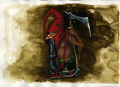 Repræsentation af en rød hætte (rød cap, powrie eller dunter, rød -bonnet) legendarisk ondskabsfuld væsen af Goblin -familien fra britisk folklore - (Redcap, Malevolent Morderous Dwarf, Goblin, Elf eller Fairy, af Alessandro Lonati