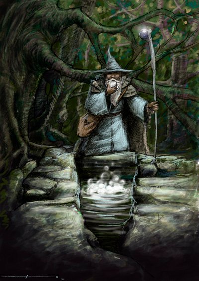 Repræsentation af en druide, der drikker ved Barentons vidunderlige springvand, i skoven Broceliande - Illustration af Alessandro Lonati - 2012 - af Alessandro Lonati