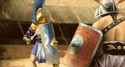 Romersk kunst: duel af gladiatorer mellem en mirmillo gladiator (til venstre) og en thrace i et amfiteater. Tegning af Alessandro Lonati af Alessandro Lonati
