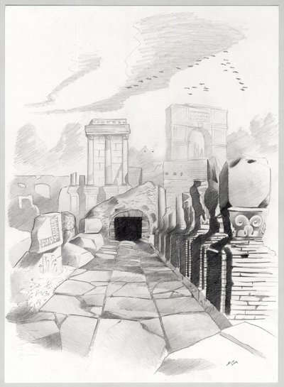 Ruiner af romertiden i Rom, Forum (foro romano) Tegning af Alessandro Lonati. af Alessandro Lonati