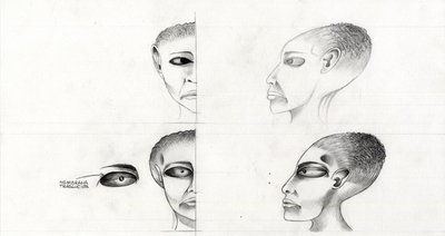 Science fiction-illustration (science fiction): undersøgelse af ansigtet på en alien eller alien (alien eller alien) fra planeten Mars til erobringen af rummet eller universet. Tegning af Alessandro Lonati af Alessandro Lonati