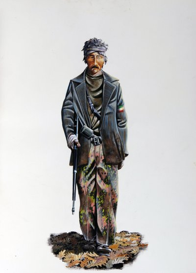 Anden Verdenskrig: medlem af den italienske modstandsbevægelse (maquis eller guerilla, partisan) (Resistenza Italiana), iført camouflagedragt og våben med maskingevær. 1943-1945. Illustration af Alessandro Lonati af Alessandro Lonati