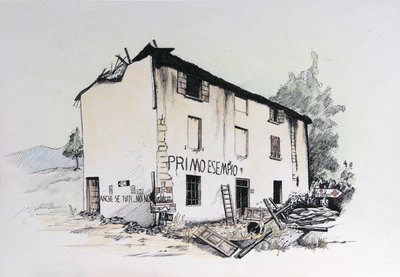 Anden Verdenskrig: udsigt over et ødelagt hus i det besatte Italien. Tegning af Alessandro Lonati af Alessandro Lonati