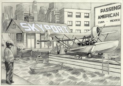 USA, New York: udsigt over havets lufthavn med et vandfly, der venter på afkøling i 1950