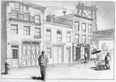 USA, New York: udsigt over en gade fra et kvarter i byen i 1950