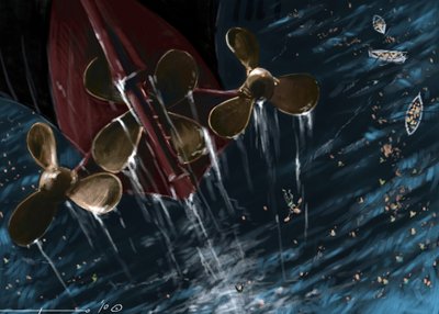 Udsigt over helixerne på det transatlantiske linjeskib Titanic på tidspunktet for forliset den 14. og 15. april 1912. Illustration af Alesandro Lonati. 2010 af Alessandro Lonati