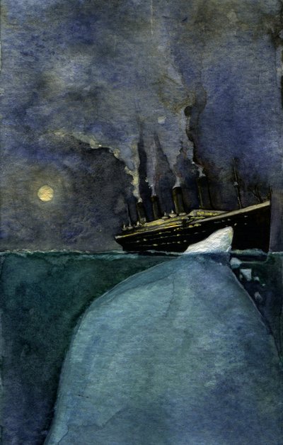 Udsigt over det transatlantiske linjeskib Titanic på tidspunktet for forliset den 14. og 15. april 1912, forårsaget af kollisionen med et isbjerg. Illustration af Alessandro Lonati. 2011 af Alessandro Lonati