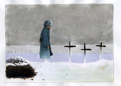 Første Verdenskrig: en fransk soldat i en krigsgrav, der ser på korsene af Alessandro Lonati