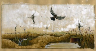 Første Verdenskrig: en passagerdue med et budskab målrettet af en tysk soldat i en skyttegrav, der søger at genvinde en besked 1914-1918 (WWI: en tysk soldat, der skyder på en postdue med en besked af Alessandro Lonati