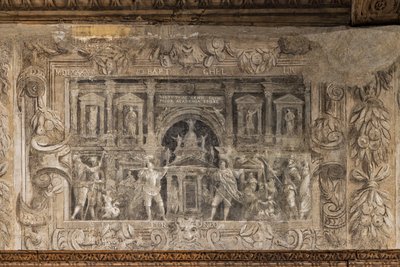Teaterproduktioner kurateret af akademiet, Hall of the vestibule (monokrom fresco) af Alessandro Maganza