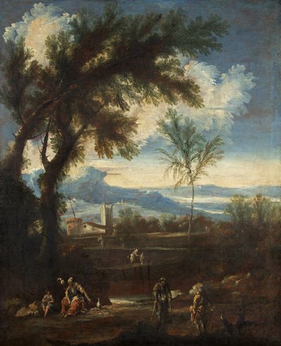 Landskab med figurer, ca. 1710-40 (olie på lærred) af Alessandro Magnasco
