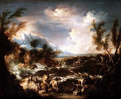 Rocky Coast i en storm med eremitmunke, der modtager butikker af Alessandro Magnasco