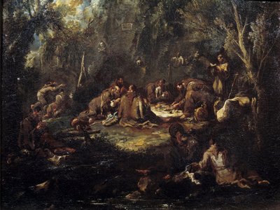 Scene of monastic life Monks breakfast, praying and reading in an undergrowth. Painting by Alessandro Magnascodani af Alessandro Magnasco
