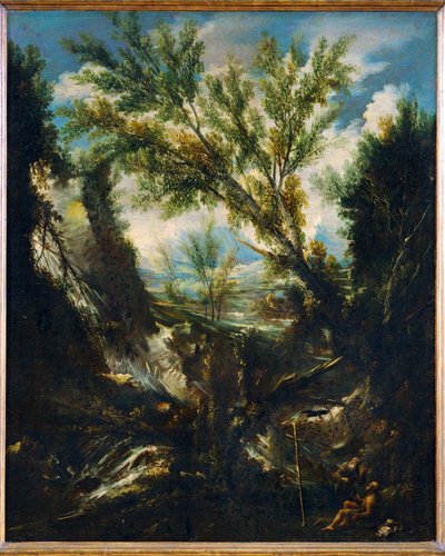 Stormfuldt landskab med profeten Elias og Sankt Hieronymus, kirkefader (maleri på lærred) af Alessandro Magnasco