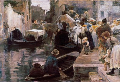 ""Bryllup i Venedig"" De nygifte kører på en gondol. Maleri af Alessandro Milesi (1856-1945) 1897 Rom. Galleria Nazionale d