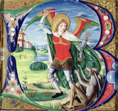 Historieret bogstav "B" med St. Michael og dragen, 1499-1511 af Alessandro Pampurino