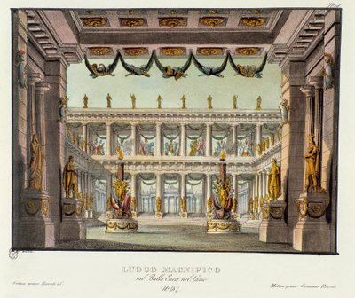Et storslået sted: udsigt over et tempel Scenografi til gengivelse af det lyriske drama "" Enea nel Lazio "" (1799) af Giuseppe Sarti. Litografi i "" Samling af naturskønne opfindelser fra 1830 af Alessandro Sanquirico (1777-1849) ". Privat Milanese af Alessandro Sanquirico