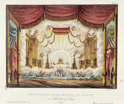 Udseende af Jupiters rige Scenografi til repræsentation af operadramaet "" Enea nel Lazio "" (1799) af Giuseppe Sarti. Litografi i "" Samling af naturskønne opfindelser fra 1830 af Alessandro Sanquirico (1777-1849) ". Milanesisk privat kol af Alessandro Sanquirico