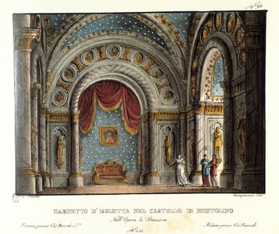 Isolettas kabinet på Montolino Slot i Bretagne Scenografi til opførelsen på Teatro alla scala i 1829 af operaen "La straniera" "(1828) af Vincenzo Bellini. Litografi i "" Samling af naturskønne opfindelser fra 1830 af Alessandro Sanquirico af Alessandro Sanquirico