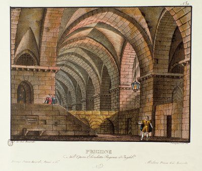 Norfolk besøger fangen Leicester i scenografifængslet til opførelsen i 1828 af operaen "Elisabetta, Regina d