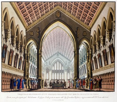 Scenografi af Sanquirico til operaen "La gazza ladra" af Gioacchino Rossini repræsenteret på Teatro alla Scala i Milano i 1817: Tribunal du Podestat nær Paris. af Alessandro Sanquirico