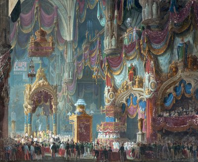 Kroningen af kejser Ferdinand I af Østrig som konge af Lombardiet-Veneto i katedralen i Mila af Alessandro Sanquirico